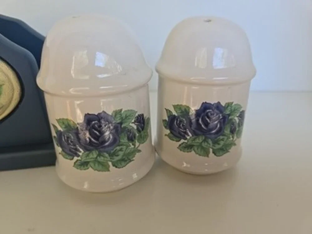 Salt And Pepper Shaker Napkin Holder Set - Blue Rose - RARE